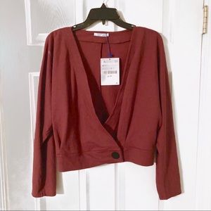 Zara Burgundy Wrap Shirt w/ Brown Button